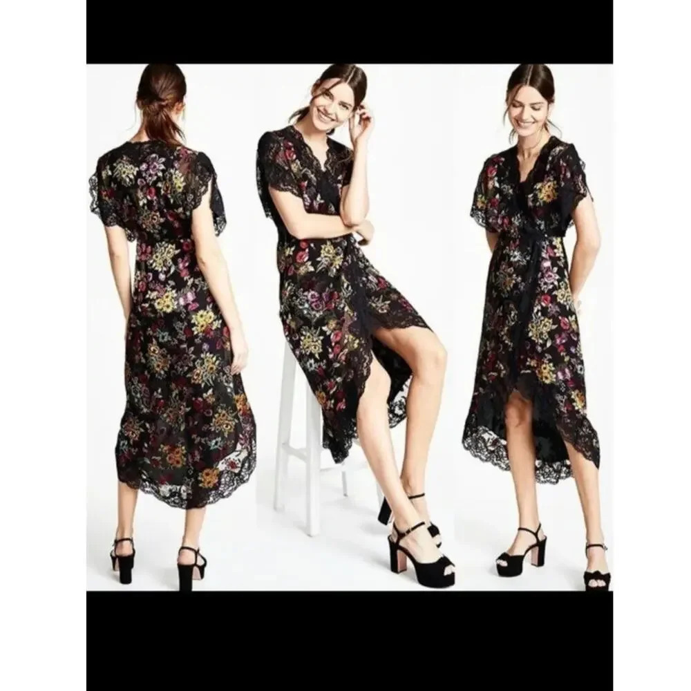 Alice & Olivia Adele Wrap Floral Lace Midi Dress‎
